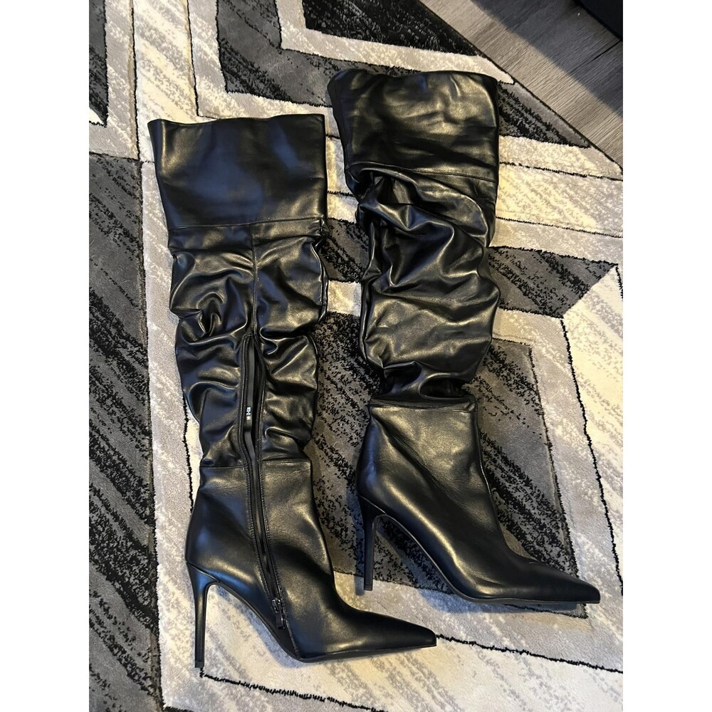 Black Faux Leather Slouchy Thigh-High Stiletto Boots comparable to US size 10/11